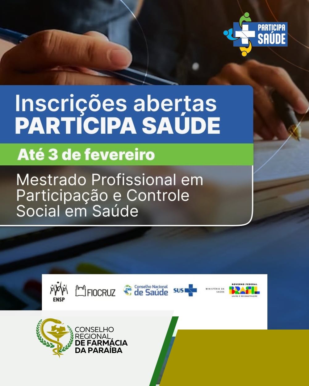 INSCRIÇÕES ABERTAS MESTRADO PROFISSIONAL EM PARTICIPAÇÃO E CONTROLE